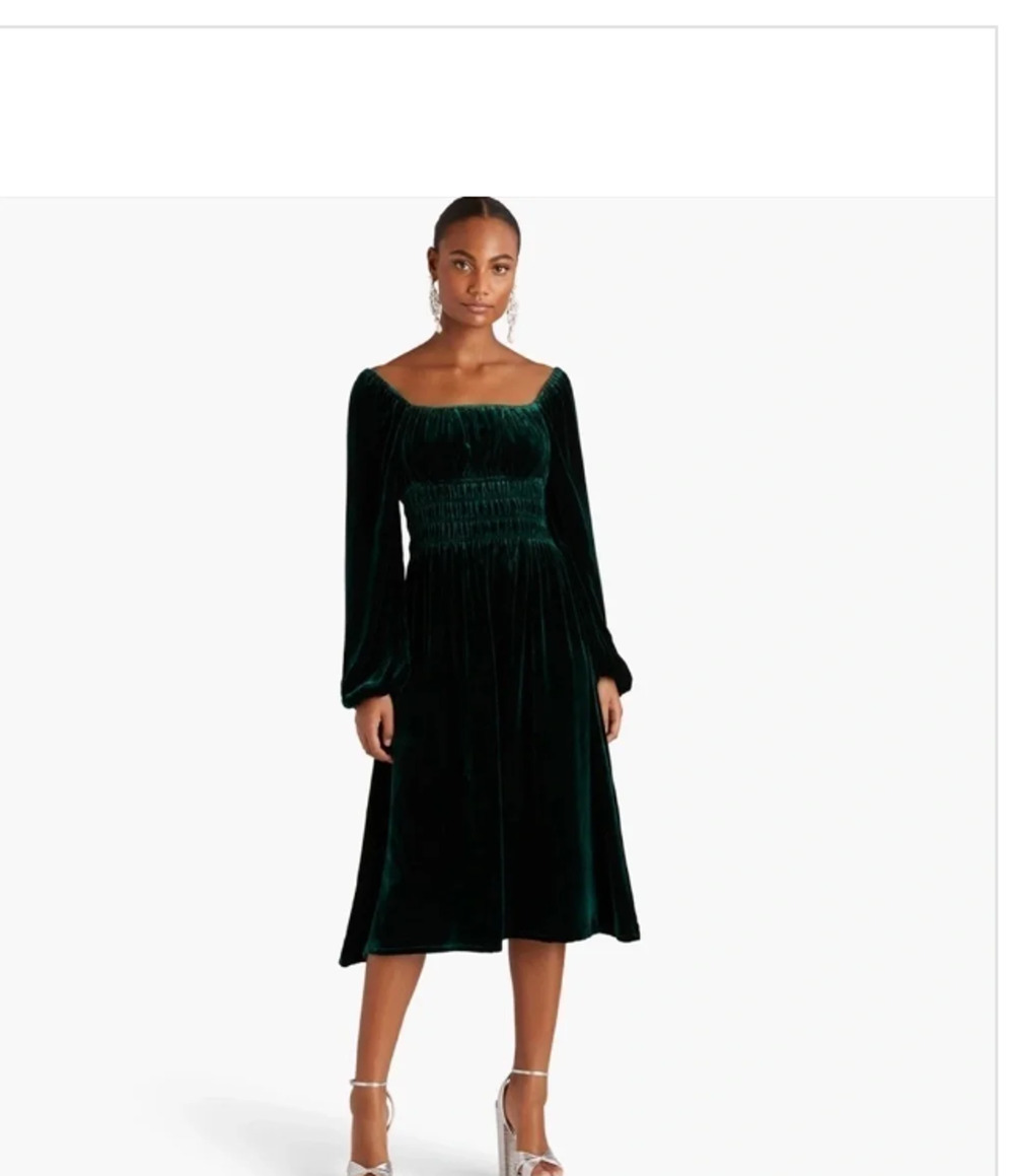 Hill House Jasmine Nap Midi Dress Womens velvet green Smocked dress small (800